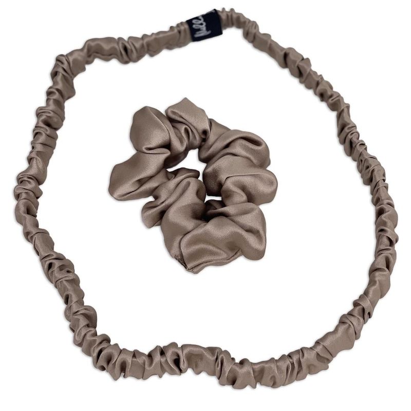 Hårbånd og scrunchie i silke-champagne-sett